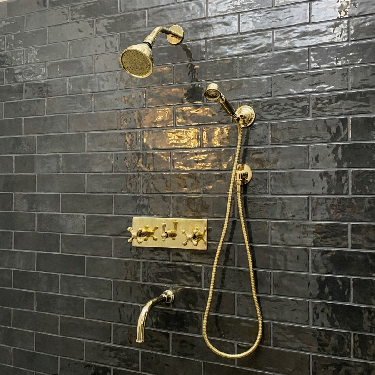 Unlacquered Brass Round Rain Shower System with Handheld