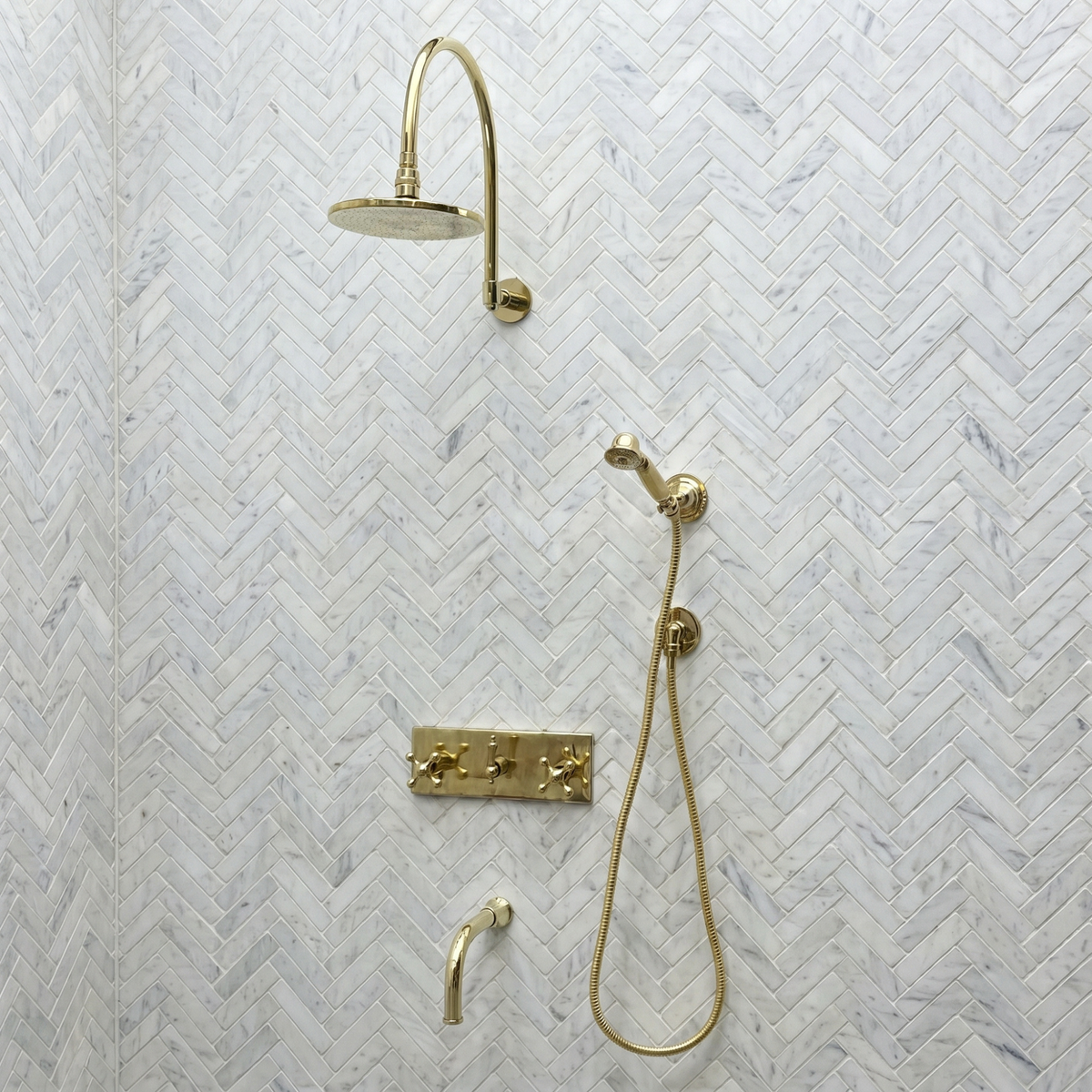 Unlacquered Brass Adjustable Flat Round Rain Shower System with Handheld & Tub Filler — Arcuate arm (UBCSS-014)
