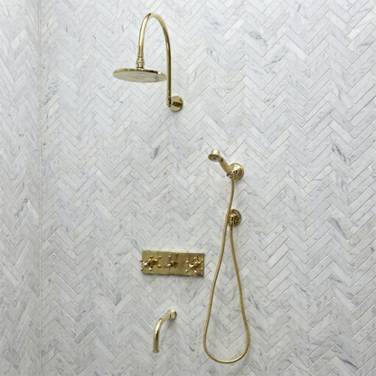 Unlacquered Brass Adjustable Flat Round Rain Shower System with Handheld & Tub Filler — Arcuate arm (UBCSS-014)