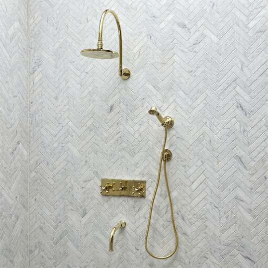 Unlacquered Brass Adjustable Flat Round Rain Shower System with Handheld & Tub Filler — Arcuate arm (UBCSS-014)