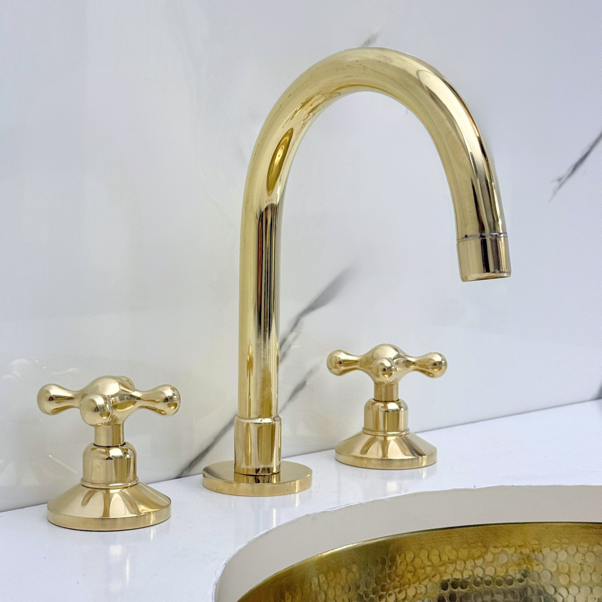 Unlacquered Brass Dome Widespread Bathroom Faucet — Grand Arc