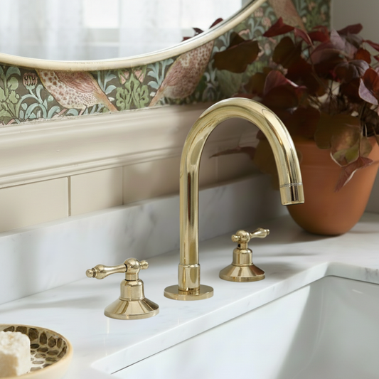 Unlacquered Brass High-Arc Widespread Bathroom Faucet with Lever Handles – Grand Arc