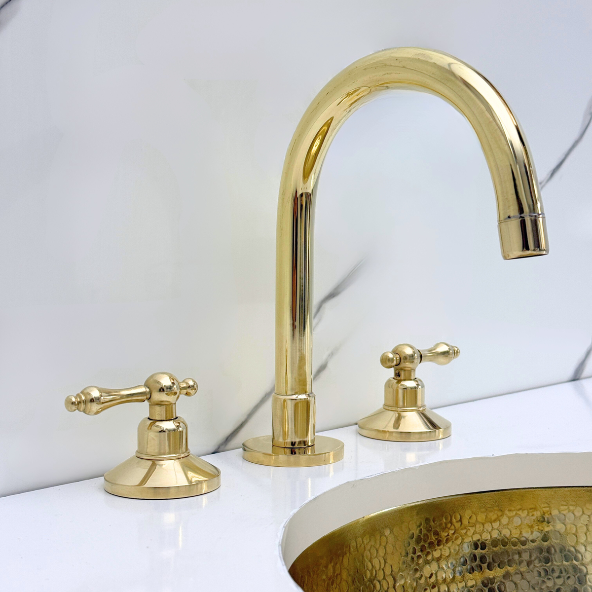 Unlacquered Brass High-Arc Widespread Bathroom Faucet with Lever Handles – Grand Arc