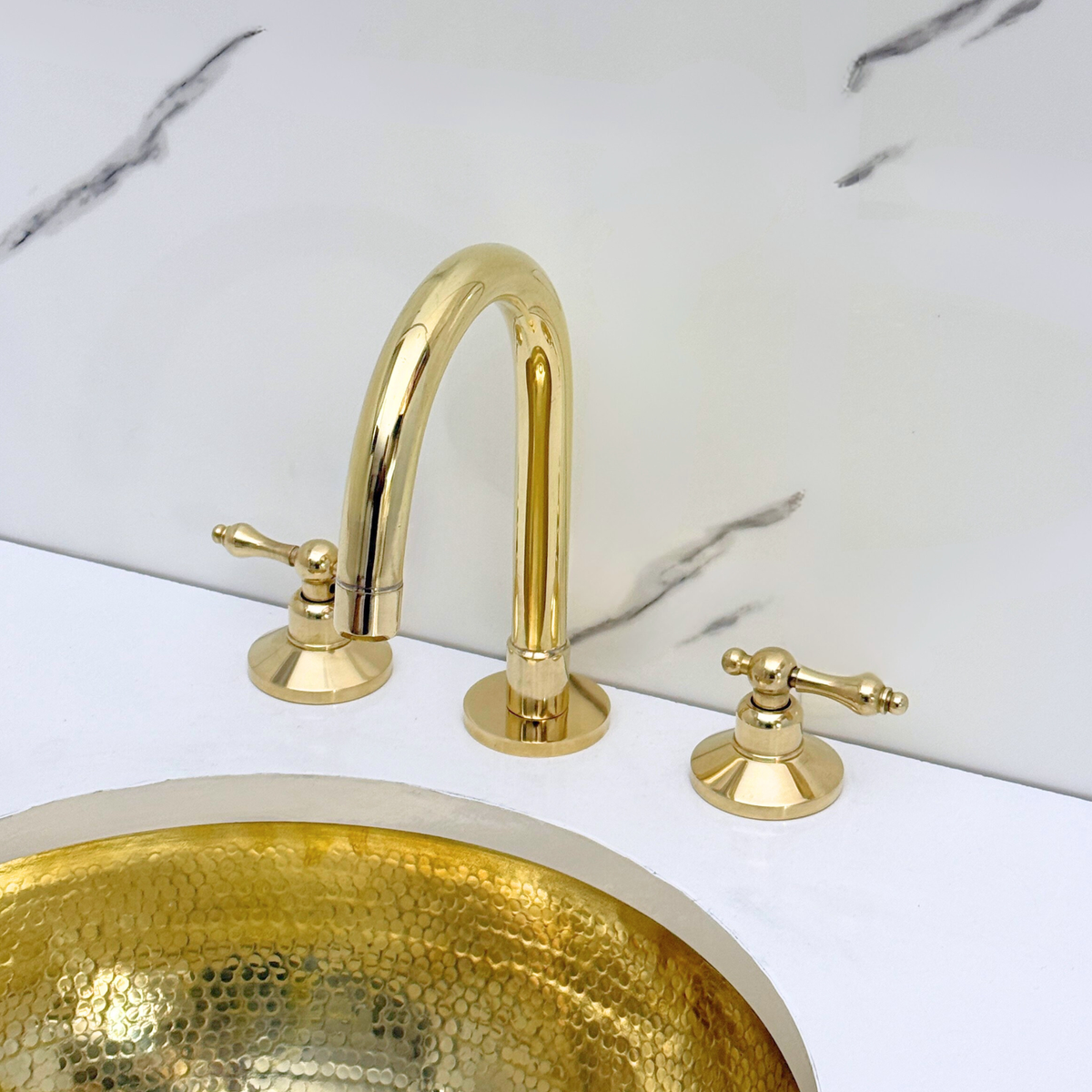 Unlacquered Brass High-Arc Widespread Bathroom Faucet with Lever Handles – Grand Arc