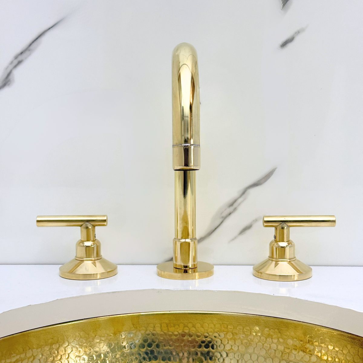 Unlacquered Brass High-Arc Widespread Bathroom Faucet with Lever Handles – Grand Arc