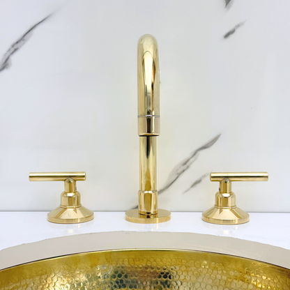 Unlacquered Brass High-Arc Widespread Bathroom Faucet with Lever Handles – Grand Arc