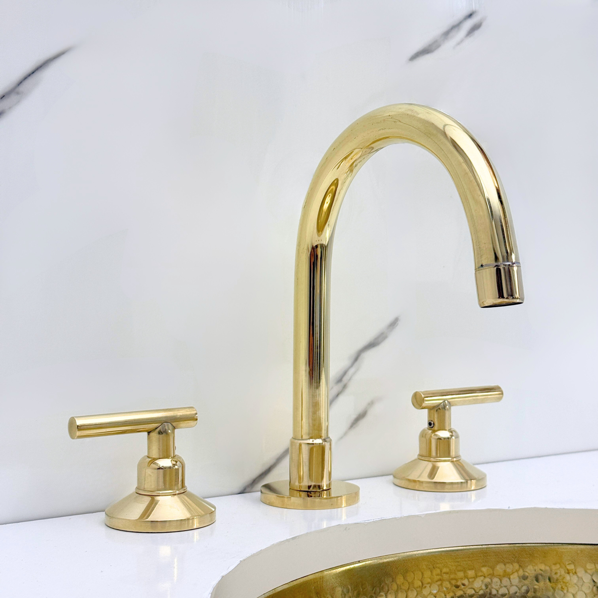 Unlacquered Brass High-Arc Widespread Bathroom Faucet with Lever Handles – Grand Arc