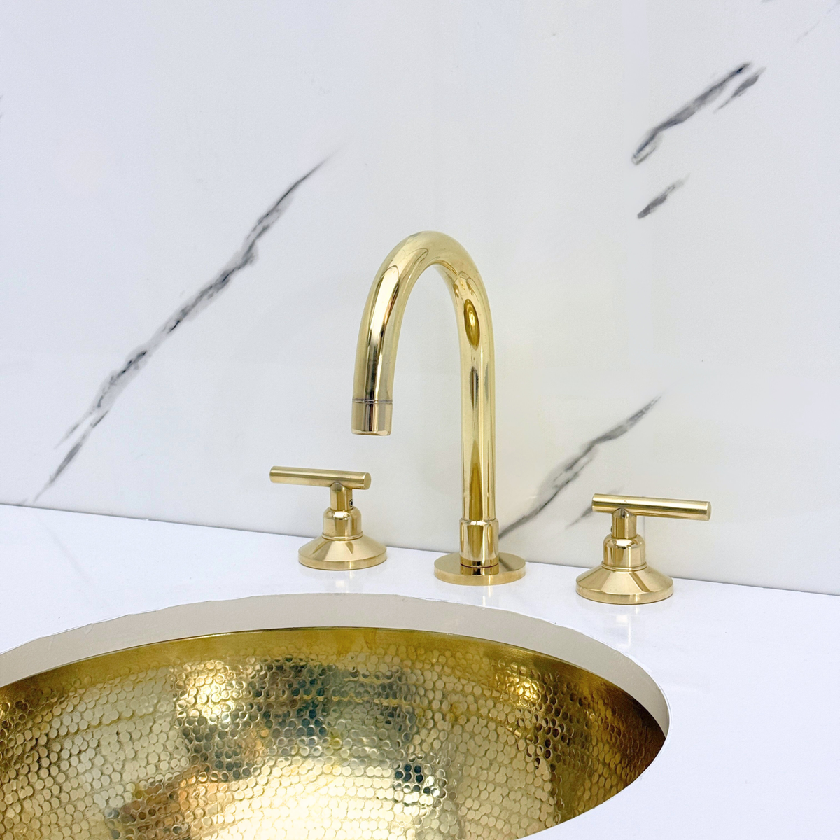 Unlacquered Brass High-Arc Widespread Bathroom Faucet with Lever Handles – Grand Arc