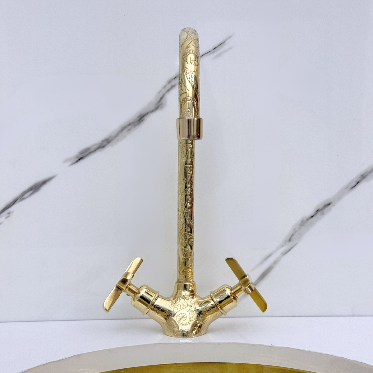 Unlacquered Brass Engraved Gooseneck Single Hole Faucet with Cross Handles