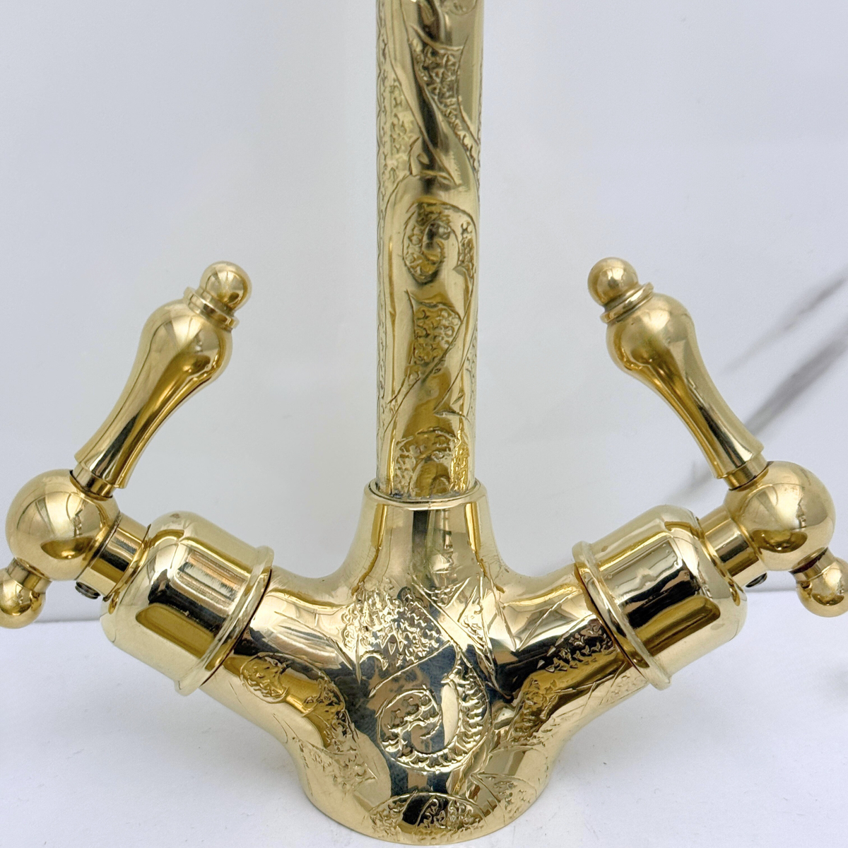 Unlacquered Brass Engraved Gooseneck Single Hole Faucet with Lever Handles