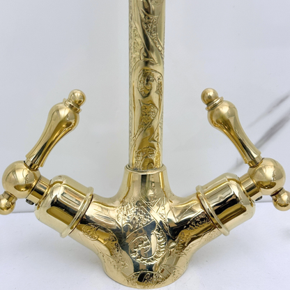 Unlacquered Brass Engraved Gooseneck Single Hole Faucet with Lever Handles