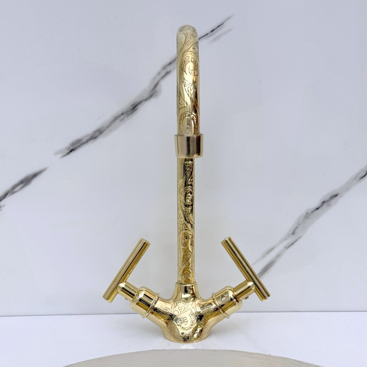 Unlacquered Brass Engraved Gooseneck Single Hole Faucet with Lever Handles