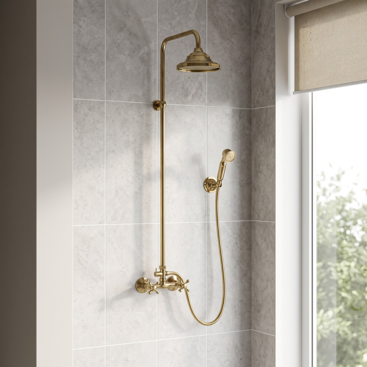 Unlacquered Brass Exposed Shower System with Bell Rain Head & Handheld — Alden