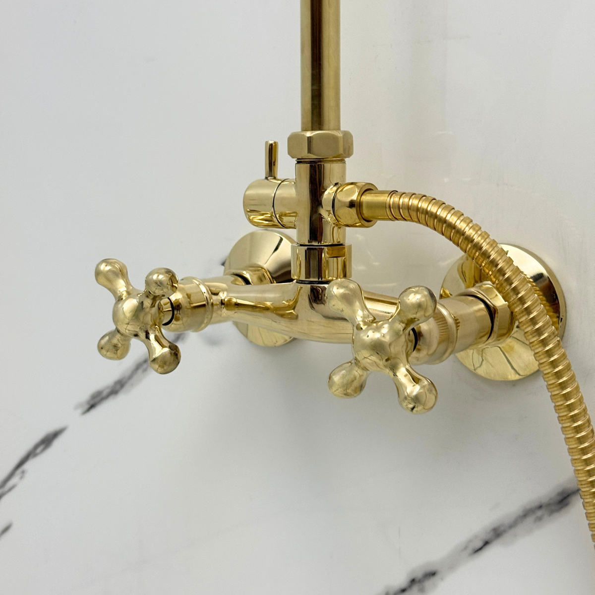 Unlacquered Brass Exposed Shower System with Bell Rain Head & Handheld — Alden