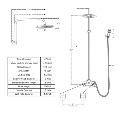 Unlacquered Brass Exposed Shower System with Flat Rain Head & Handheld