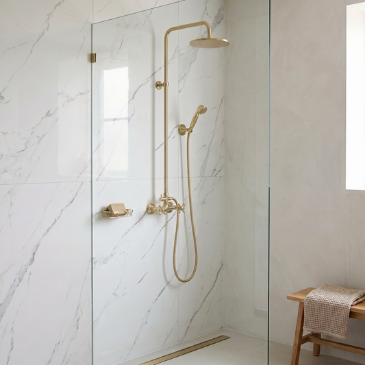 Unlacquered Brass Exposed Shower System with Flat Rain Head & Handheld