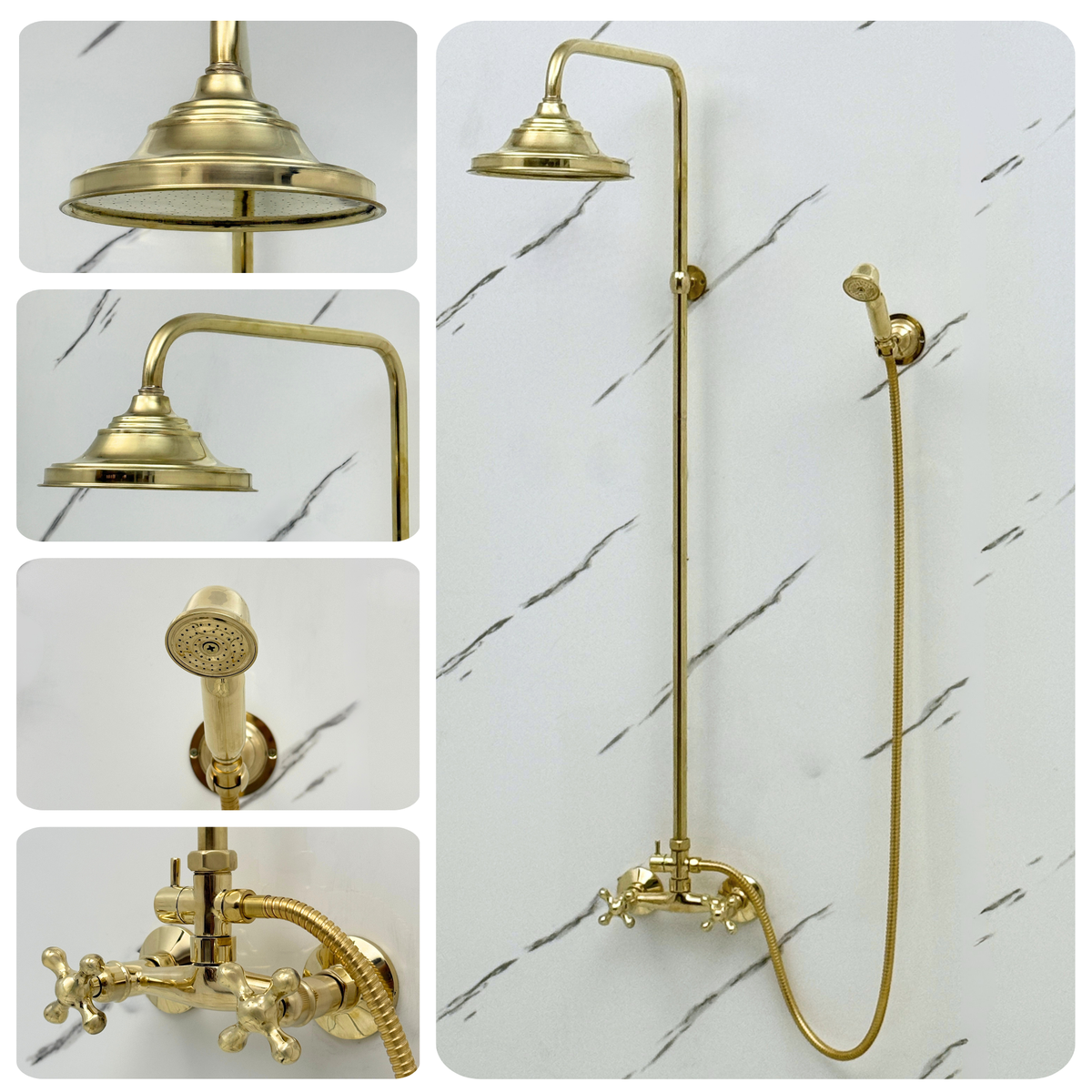 Unlacquered Brass Exposed Shower System with Bell Rain Head & Handheld — Alden