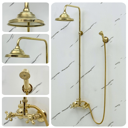 Unlacquered Brass Exposed Shower System with Bell Rain Head & Handheld — Alden