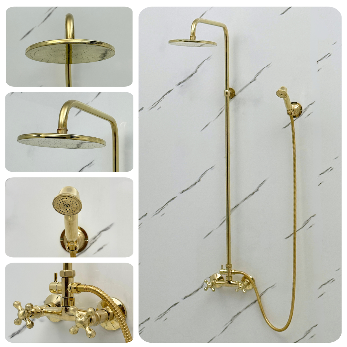 Unlacquered Brass Exposed Shower System with Flat Rain Head & Handheld