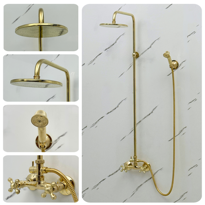 Unlacquered Brass Exposed Shower System with Flat Rain Head & Handheld