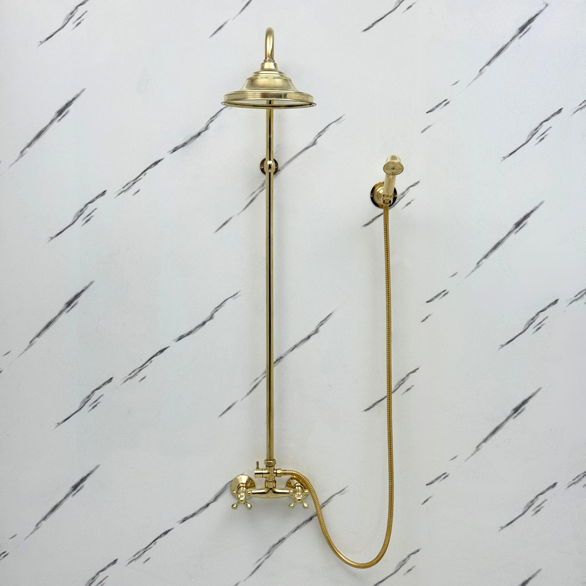 Unlacquered Brass Exposed Shower System with Bell Rain Head & Handheld — Alden