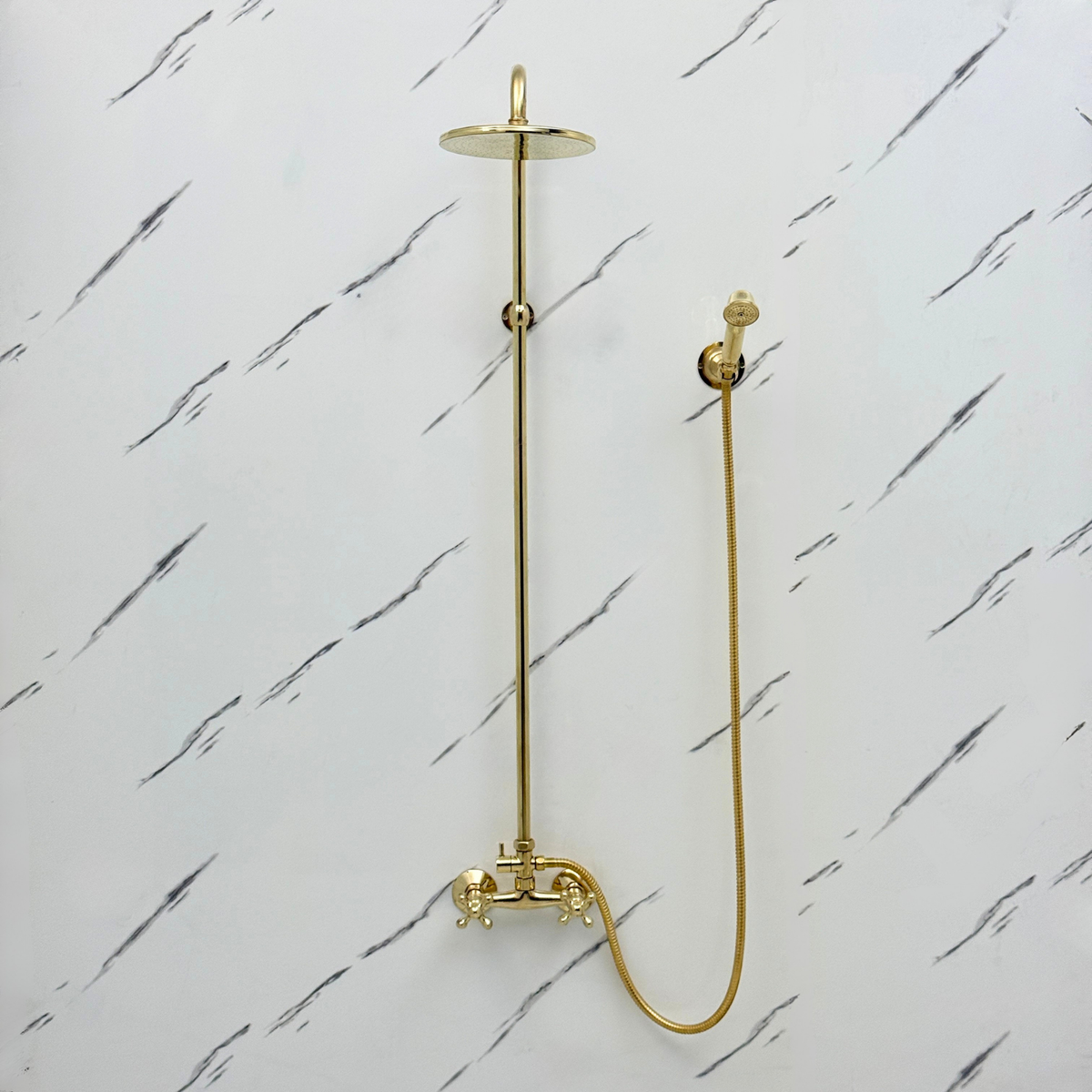 Unlacquered Brass Exposed Shower System with Flat Rain Head & Handheld
