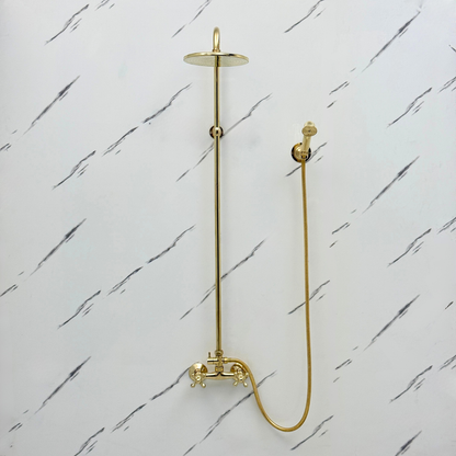 Unlacquered Brass Exposed Shower System with Flat Rain Head & Handheld