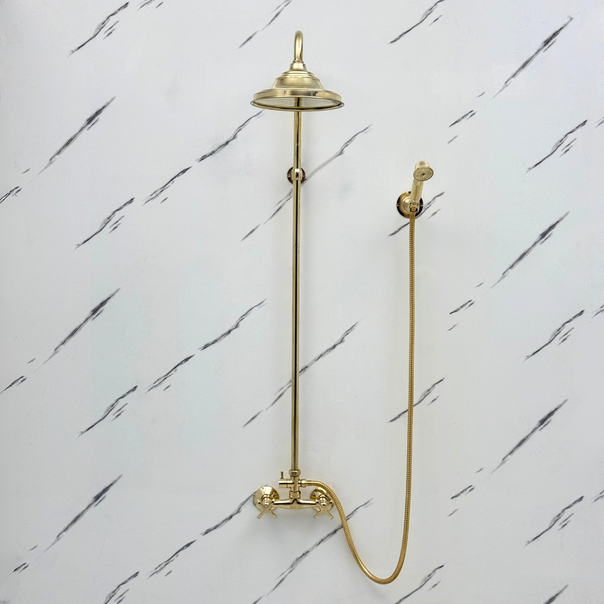 Unlacquered Brass Exposed Shower System with Bell Rain Head & Handheld — Alden