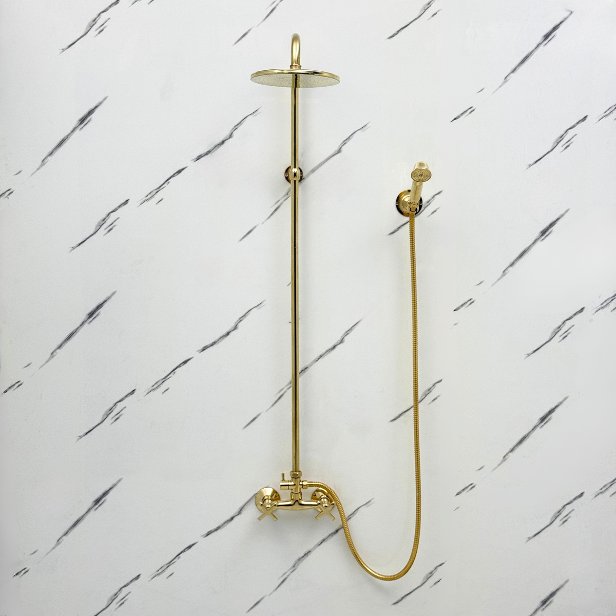 Unlacquered Brass Exposed Shower System with Flat Rain Head & Handheld