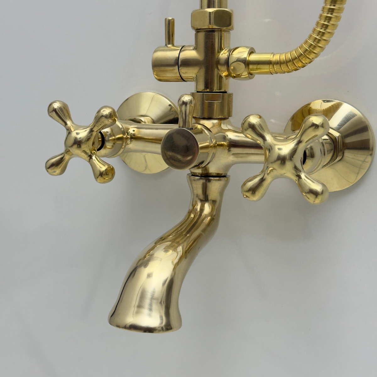 Unlacquered Brass Exposed Shower System with Dome Rain Head, Handheld & Tub Filler