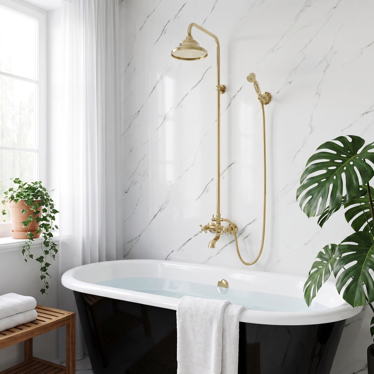 Unlacquered Brass Exposed Shower System with Dome Rain Head, Handheld & Tub Filler