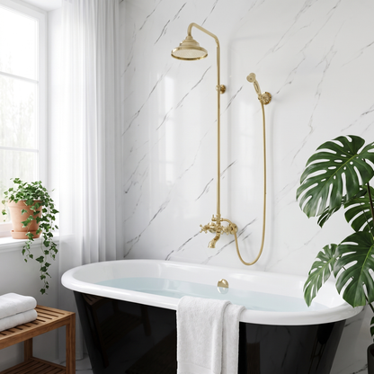 Unlacquered Brass Exposed Shower System with Dome Rain Head, Handheld & Tub Filler