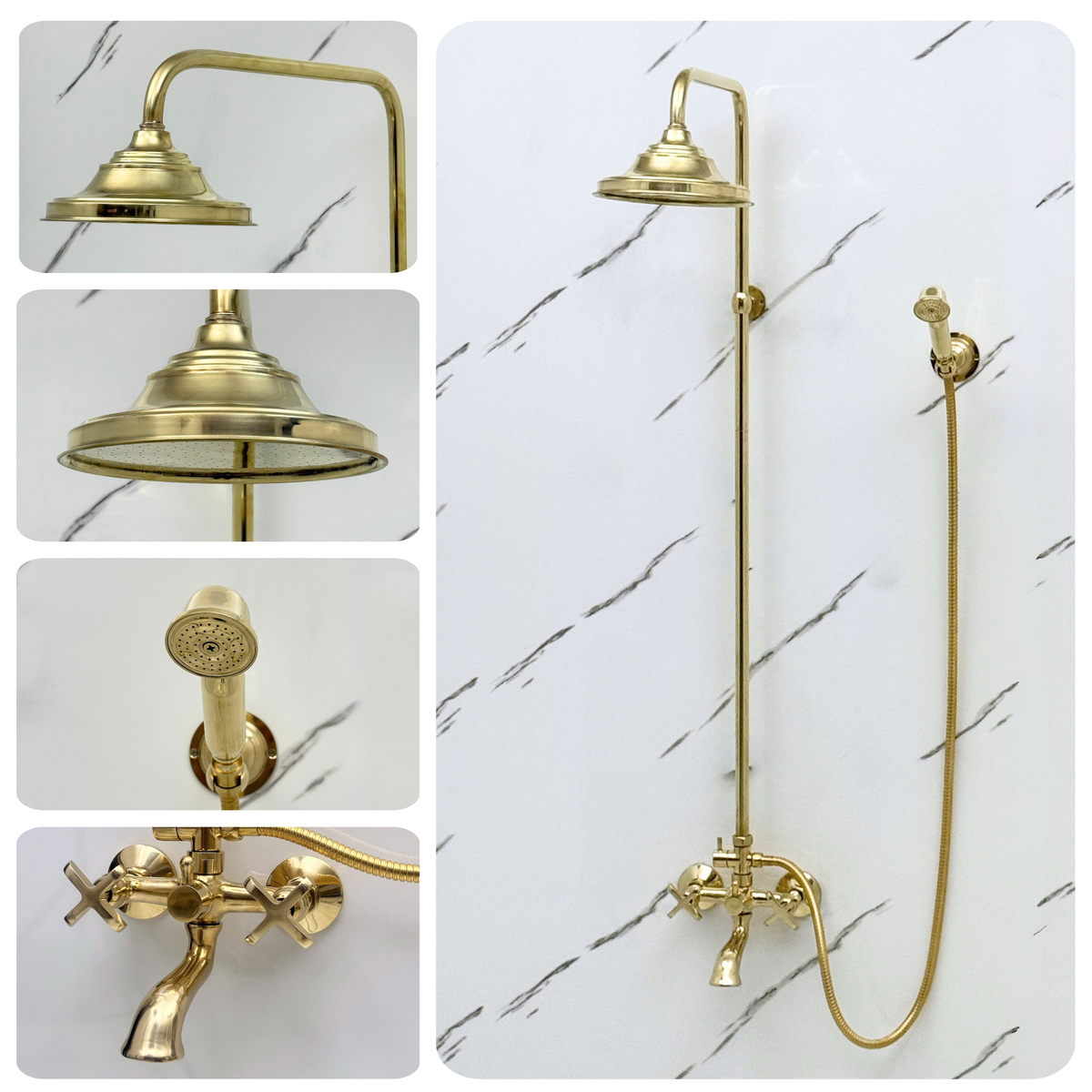 Unlacquered Brass Exposed Shower System with Dome Rain Head, Handheld & Tub Filler