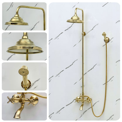 Unlacquered Brass Exposed Shower System with Dome Rain Head, Handheld & Tub Filler