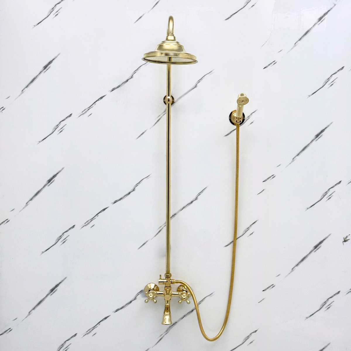 Unlacquered Brass Exposed Shower System with Dome Rain Head, Handheld & Tub Filler