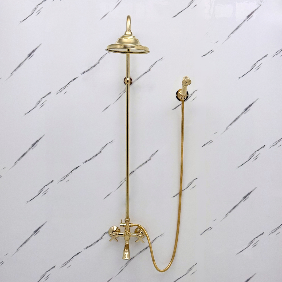 Unlacquered Brass Exposed Shower System with Dome Rain Head, Handheld & Tub Filler
