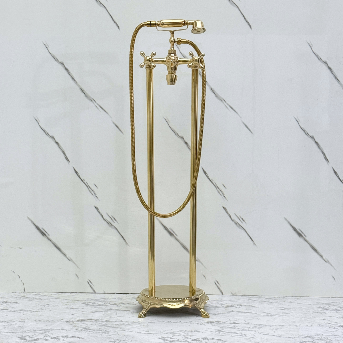 Unlacquered Brass Freestanding Bathtub Faucet, Solid Brass Clawfoot Tub Filler with Handheld Shower Head and Cross Handles