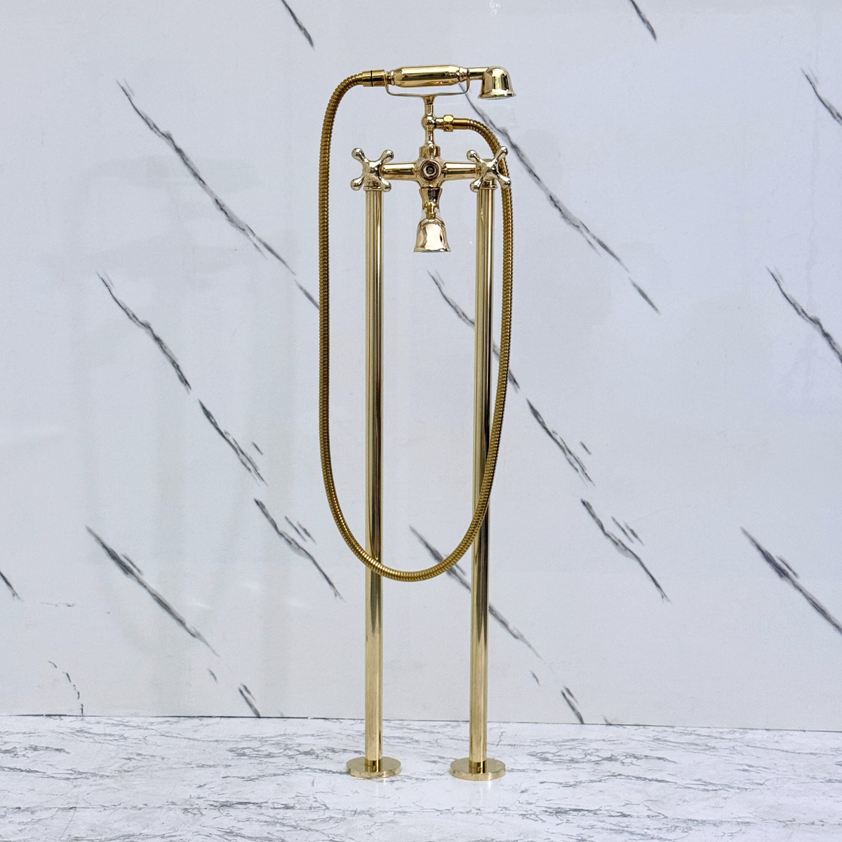 Unlacquered Brass Freestanding Tub Filler with Handheld Shower