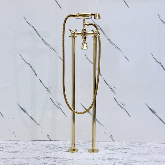 Unlacquered Brass Freestanding Tub Filler with Handheld Shower