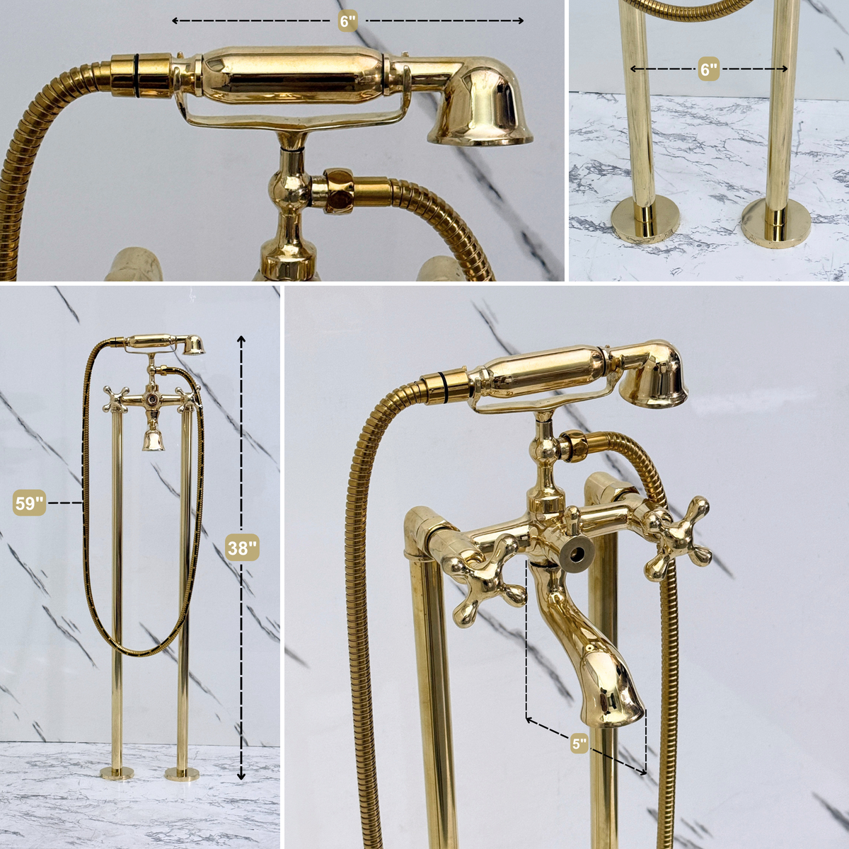 Unlacquered Brass Freestanding Tub Filler with Handheld Shower