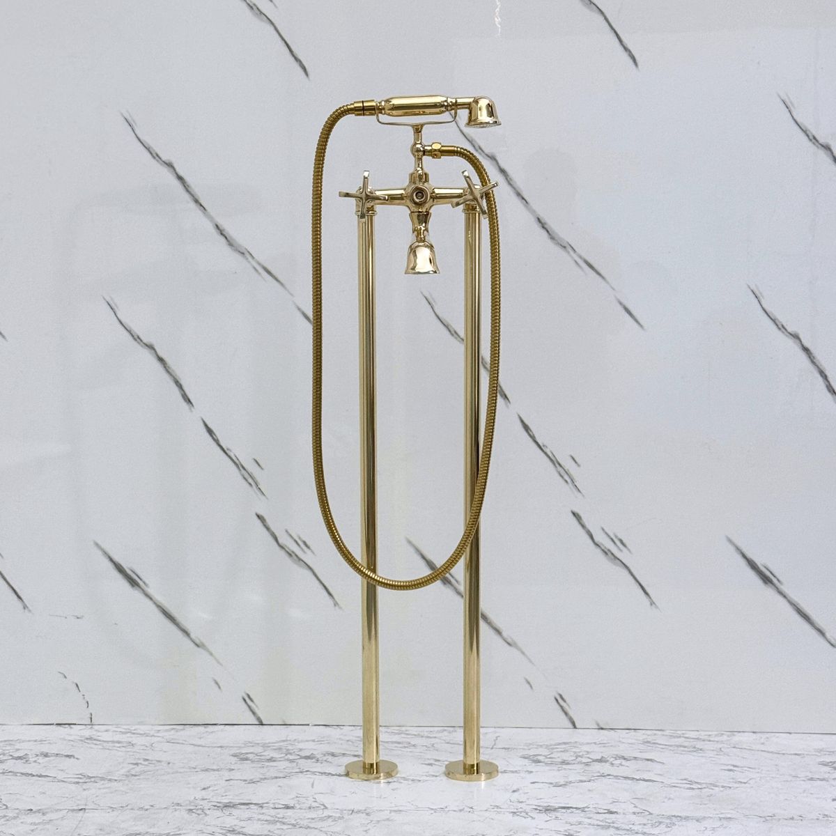 Unlacquered Brass Freestanding Tub Filler with Handheld Shower