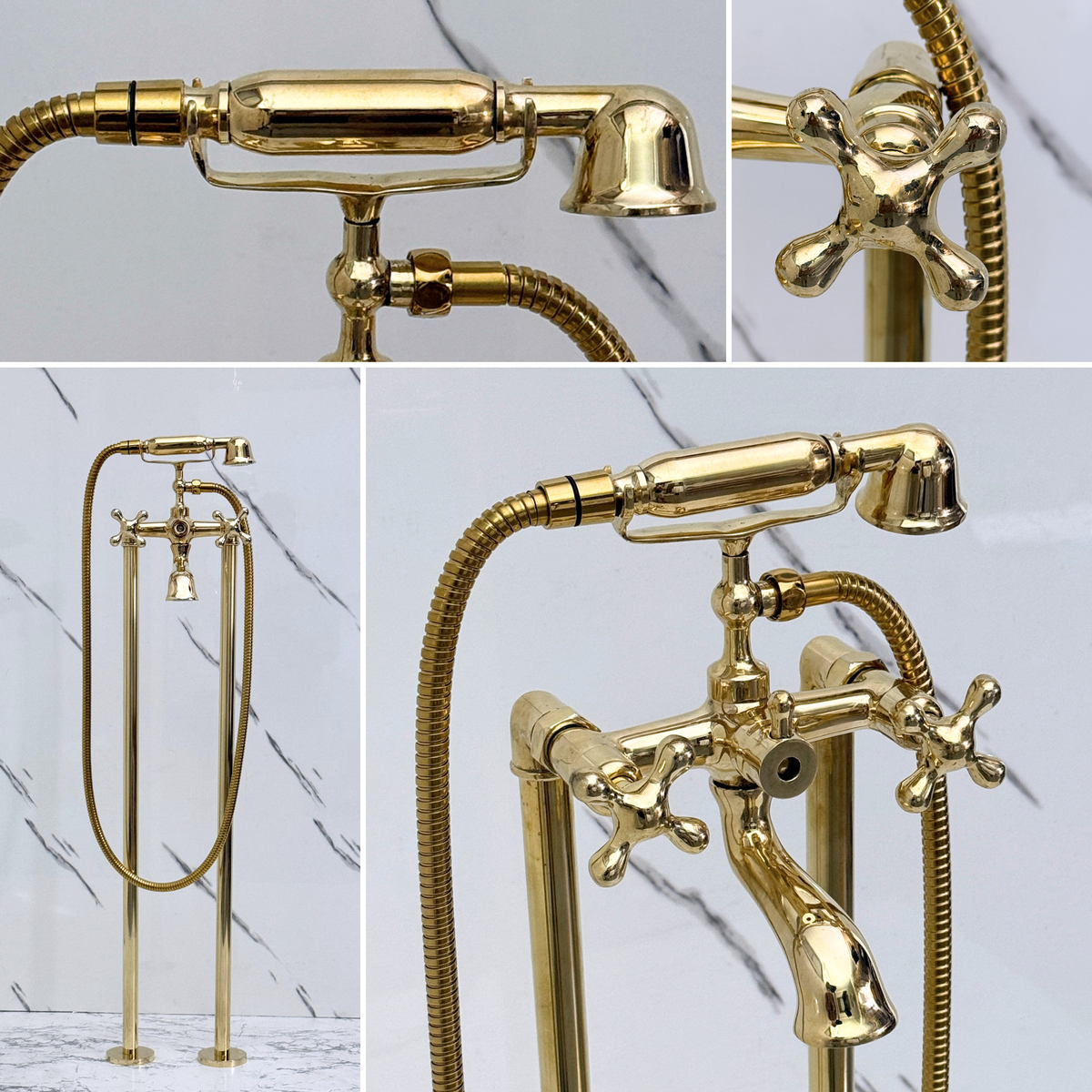 Unlacquered Brass Freestanding Tub Filler with Handheld Shower