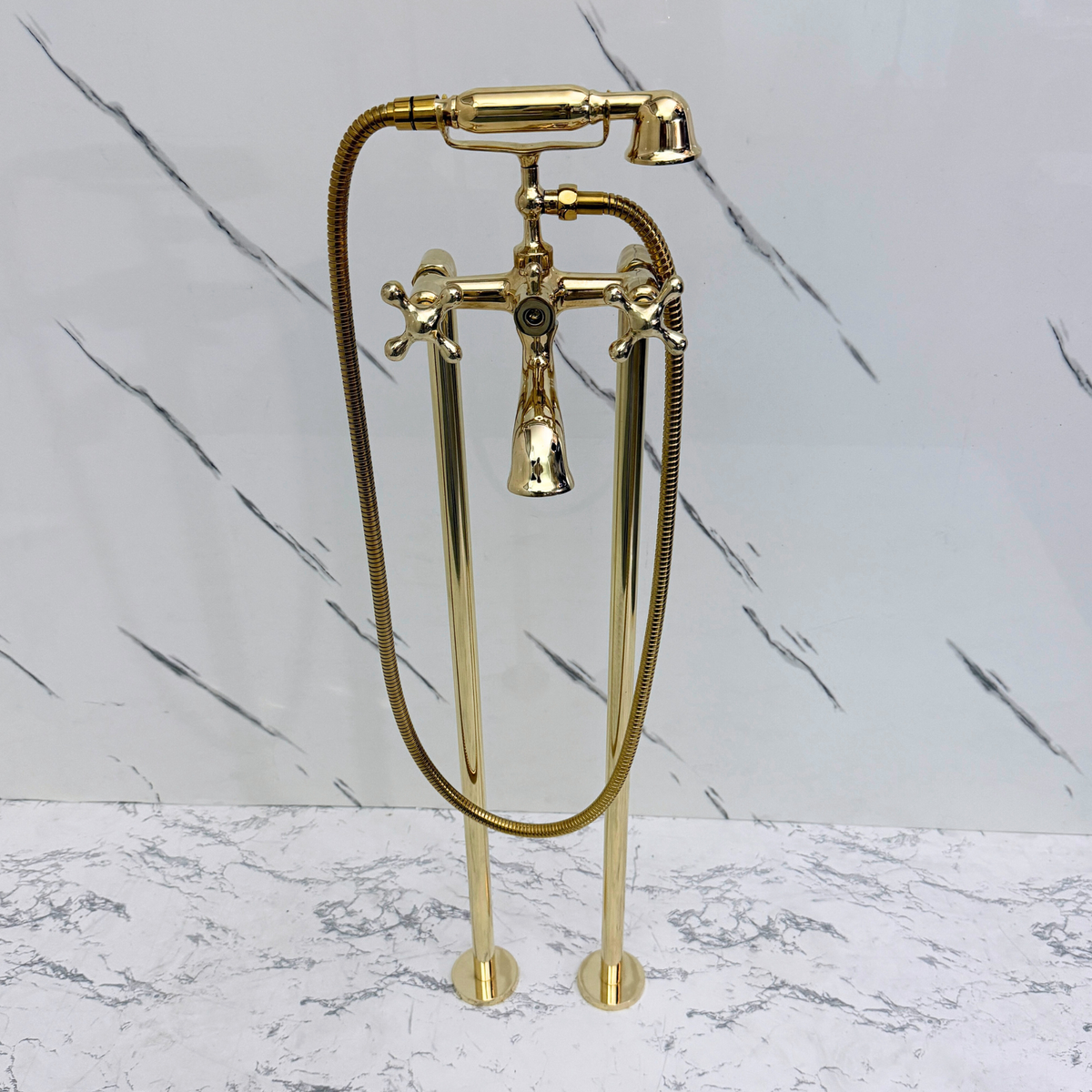 Unlacquered Brass Freestanding Tub Filler with Handheld Shower