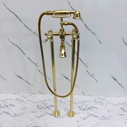 Unlacquered Brass Freestanding Tub Filler with Handheld Shower