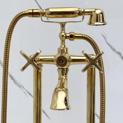 Unlacquered Brass Freestanding Tub Filler with Handheld Shower