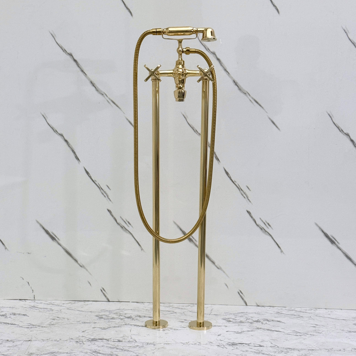 Unlacquered Brass Freestanding Bathtub Faucet, Solid Brass Tub Filler with Handheld Shower Head and Cross Handles