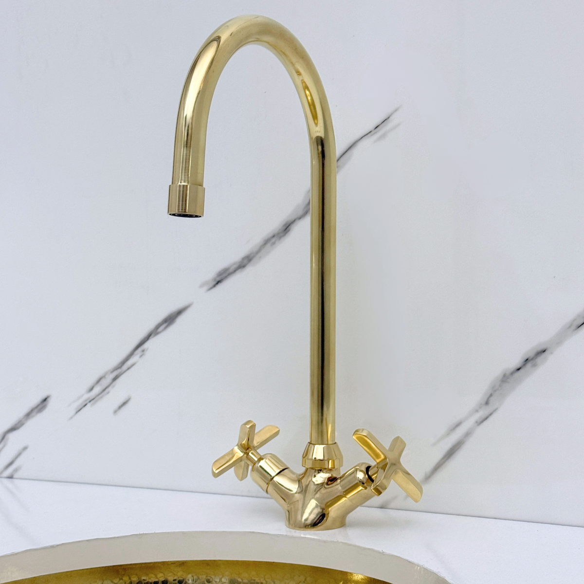 Unlacquered Brass Gooseneck Single Hole Faucet with Cross Handles