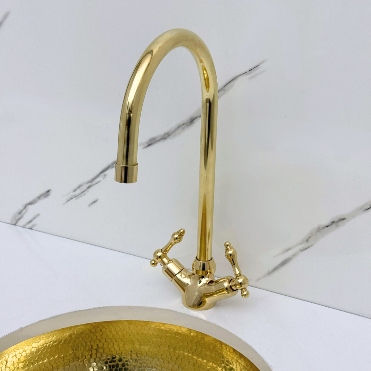 Unlacquered Brass Gooseneck Single Hole Faucet with Lever Handles