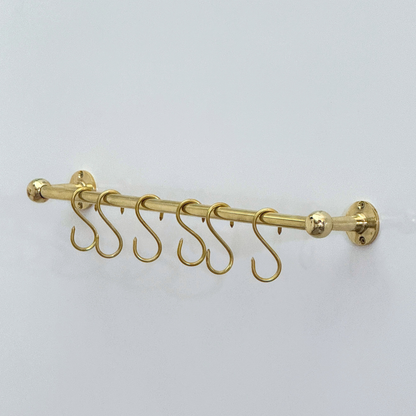 Unlacquered Brass Hanging Pot Rack, Kitchen Hook Rail, Wall Mount Rail with hooks