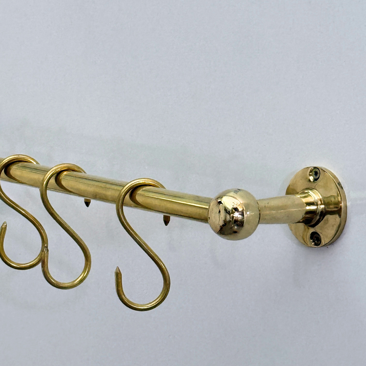 Unlacquered Brass Hanging Pot Rack, Kitchen Hook Rail, Wall Mount Rail with hooks